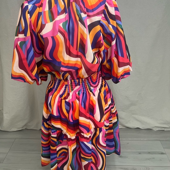 THML Smocked Puff Sleeve Multicolor Midi Dress Sz M - Picture 4 of 9